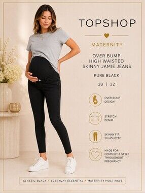 Topshop Maternity Over Bump High Waisted Skinny Jamie Jeans in Pure Black 28 32
